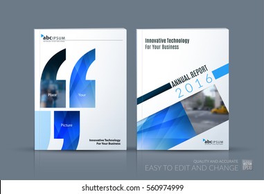 Business vector. Brochure template layout, cover modern design annual report, magazine, flyer in A4 with blue quotes, commas for show, business, tech. Abstract art with overlay effect.