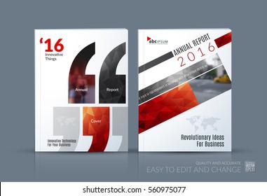 Business vector. Brochure template layout, cover modern design annual report, magazine, flyer in A4 with red quotes, commas for show, business, tech. Abstract art with overlay effect.