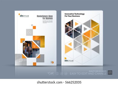 Business vector. Brochure template layout, cover modern design annual report, magazine, flyer in A4 with yellow rectangles, geometric triangles for business, tech. Abstract art with overlay effect.