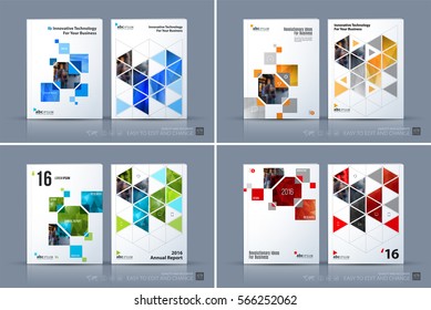 Business vector. Brochure template layout, cover modern design annual report, magazine, flyer in A4 with yellow rectangles, geometric triangles for business, tech. Abstract art with overlay effect.