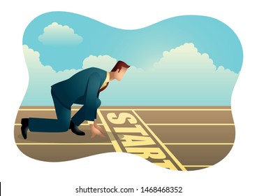 Business Vector Of A Businessman Ready To Sprint On Starting Line. Starting Career, Business Concept.