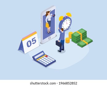 Business vector concept. Businessman doing video call with businesswoman on mobile phone while standing with money and calendar