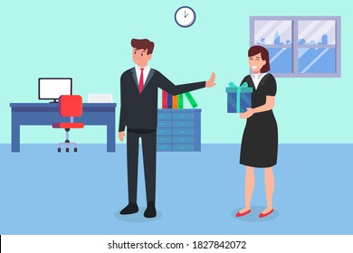 Business Vector Concept: Businessman Refusing A Gift For A Bribe From A Businesswoman