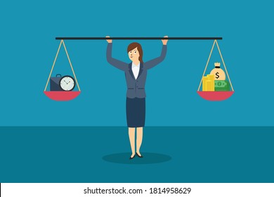 Business vector concept: Businesswoman balancing time and briefcase with money