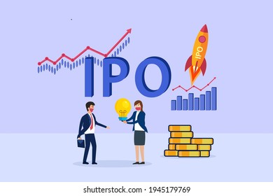 Business vector concept:  Businesswoman giving light bulb to her partner with IPO up arrow chart