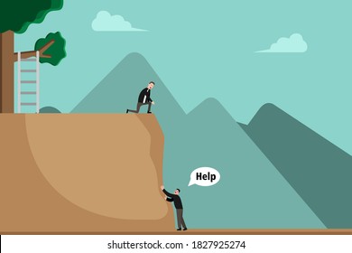 Business vector concept: Dishonest businessman pretending to help friend by held out hands while there is a hidden ladder