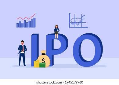 Business vector concept: IPO word with businesspeople and up arrow chart 