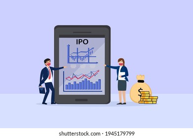 Business vector concept: Business people looking at IPO chart on smartphone while wearing face mask in new normal