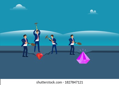 Business vector concept: Business people scrambling to dig looks like big diamond while their rival digging looks like smaller diamond