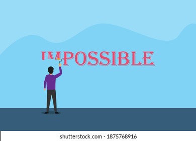 Business vector concept: Young businessman painting impossible text while using paint roller 
