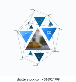 Business vector design elements for graphic layout. Modern abstract background template with blue triangular shapes, triangles, polygons, mesh for science, travel, network in clean minimal style.