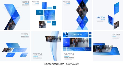 Business vector design elements for graphic layout. Modern abstract background template with many blue eco geometric shapes, banners for PR, business, tech in clean minimal style. Mega set