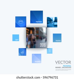 Business vector design elements for graphic layout. Modern abstract background template with many blue rectangles, squares for PR, business, tech in clean minimal style.
