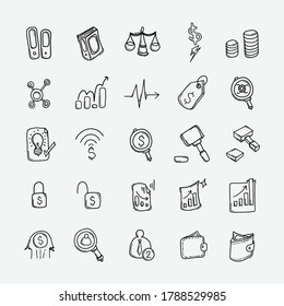 Conjunto de iconos de doodle de vector de negocio. Línea dibujada a mano en la ilustración del esbozo de dibujo.