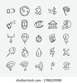 Conjunto de iconos de doodle de vector de negocio. Línea dibujada a mano en la ilustración del esbozo de dibujo.