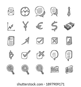 Conjunto de iconos de doodle de vector de negocio. Línea dibujada a mano en la ilustración del esbozo de dibujo.