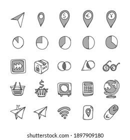 Conjunto de iconos de doodle de vector de negocio. Línea dibujada a mano en la ilustración del esbozo de dibujo.