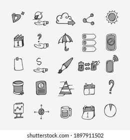 Conjunto de iconos de doodle de vector de negocio. Línea dibujada a mano en la ilustración del esbozo de dibujo.
