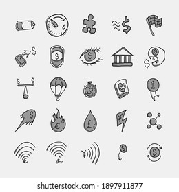 Business Vektordoodle-Symbole gesetzt. Zeichnen Skizze Illustration handgezeichnet Linie.