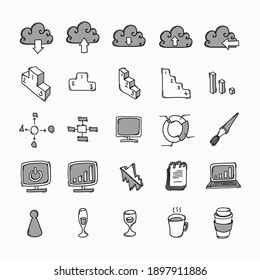 Conjunto de iconos de doodle de vector de negocio. Línea dibujada a mano en la ilustración del esbozo de dibujo.
