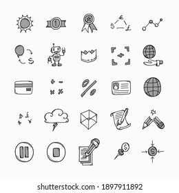 Conjunto de iconos de doodle de vector de negocio. Línea dibujada a mano en la ilustración del esbozo de dibujo.