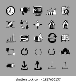 Business Vektordoodle-Symbole gesetzt. Zeichnen Skizze Illustration handgezeichnet Linie.