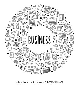 business vector doodle illustration, web banner templates with business icons, round banner