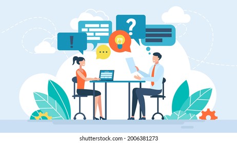 Business Vector Flat Illustration. Discussion Concept. Talk Conversation, Speaking Dialogue, Communication Person. Social Information Sharing With Language, Text, Speech, Discussion Illustration.