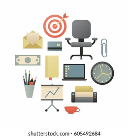 Business, vector flat illustration, icon set, white background.  