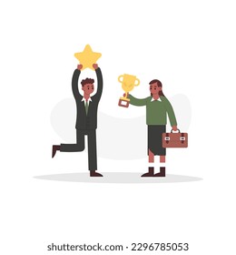 Business vector flat illustration of man successfully achieving goal at work. Young worker in office clothes holding star symbol, woman standing near, holding briefcase and giving him award cup