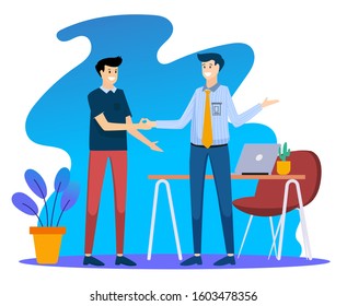 business vector flat illustration, partnership hand shake , interviewing