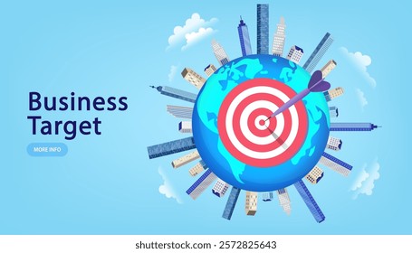 business vector of a global with a target symbol at the center and arrow, surrounded by city skyscrapers.Represents global business goals, strategy, and success. Perfect themes leadership, planning