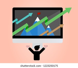 Business vector goal and success Business man looking on monitor see flag on the mountain and arrow growing up over monitor,Business Goal and success concept