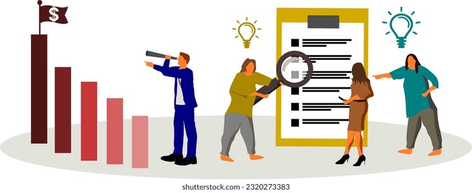 Business vector graphic with business people in meeting - finding ideas, ways and solutions