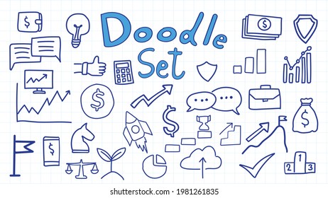 Business Vector Hand Drawn Doodles Element Related To Startup. Set Of Hand Drawn Fresh Tech Company Symbols And Icons