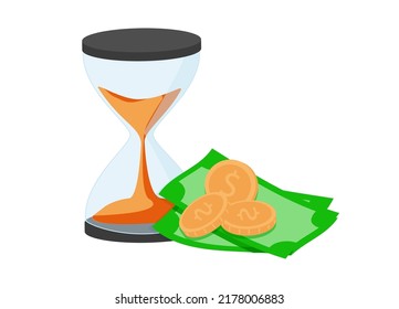 Business vector icon. Financial invest fund, revenue increase, income growth, budget plan concept. Hourglass and coin with dollar sign. Cartoon vector illustration.