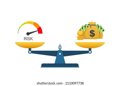 Icono de vector de negocio. Equilibrio monetario y de riesgo a escala. Ilustración de dinero de dibujos animados de vector plano.