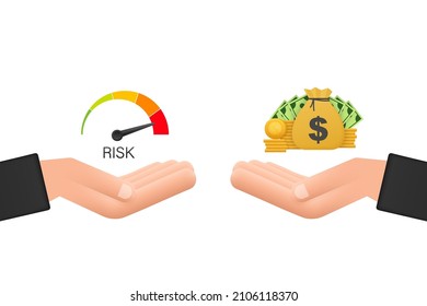 Business vector icon. Money vs risk in hands. Flat vector cartoon money illustration.