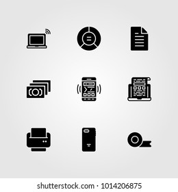 Business vector icon set. adhesive tape, printer, money and circular chart