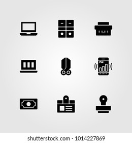 Business vector icon set. archive, money, scissors and type writter
