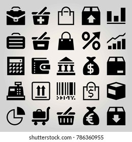 Business vector icon set. bank, analytics, cash and shopping baket