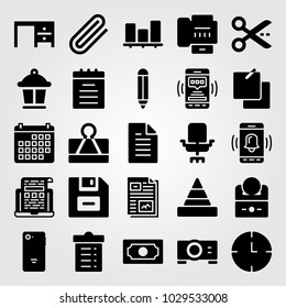 Business vector icon set. bar chart, pyramid chart, laptop and paperclip