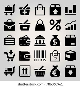 Business vector icon set. barcode, percentage, basket and bag