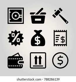 Business vector icon set. basket, coin, persentage and money bag