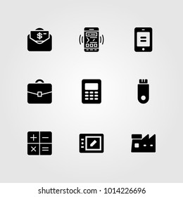 Business vector icon set. calculator, briefcase, factory and tablet