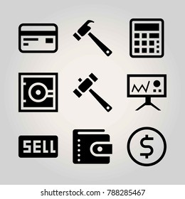 Business vector icon set. calculator, dollar, safe and hammer