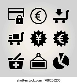 Business vector icon set. cart, euro, shopping baket and yen