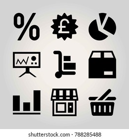 Business vector icon set. chart, shopping basket, basket and presentation
