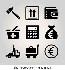 Business vector icon set. coin, basket, briefcase and truck