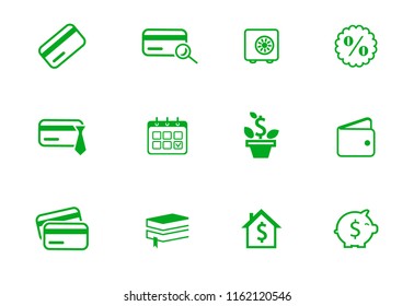 Business vector icon set consisting of  finance, payments, credit card.  Vector  green credit card icon set isolated on white background